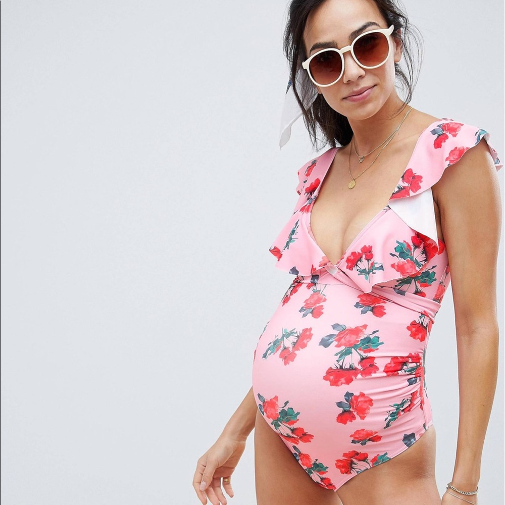 ASOS swim. pink one piece with rose print/wrap